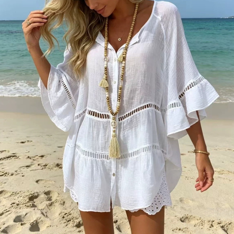 In-Stock Women's Three-Quarter Sleeve Cotton-Linen V-Neck Loose Buttoned Hollow-Out Plus-Size Top Dress
