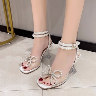 Summer New Korean Style Fashionable Square Head One Word Buckle High Heels Foreign Trade plus size Women's High Heel Sandals