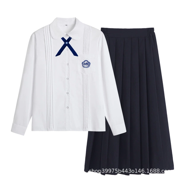 Girls' High School Shirt Long Sleeve + Cross Knot + YKK Cyan Long Skirt