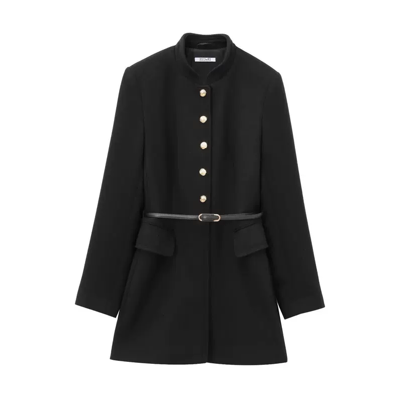 Woolen coat, belt, poster, long-sleeve, European style, polyester