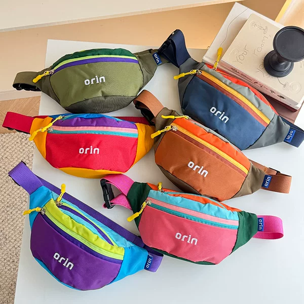 Children's Dopamine Color-Blocking Outdoor Casual Hiking Crossbody Bag, Unisex Baby Coin Purse Accessory, Single-Shoulder Waist Bag