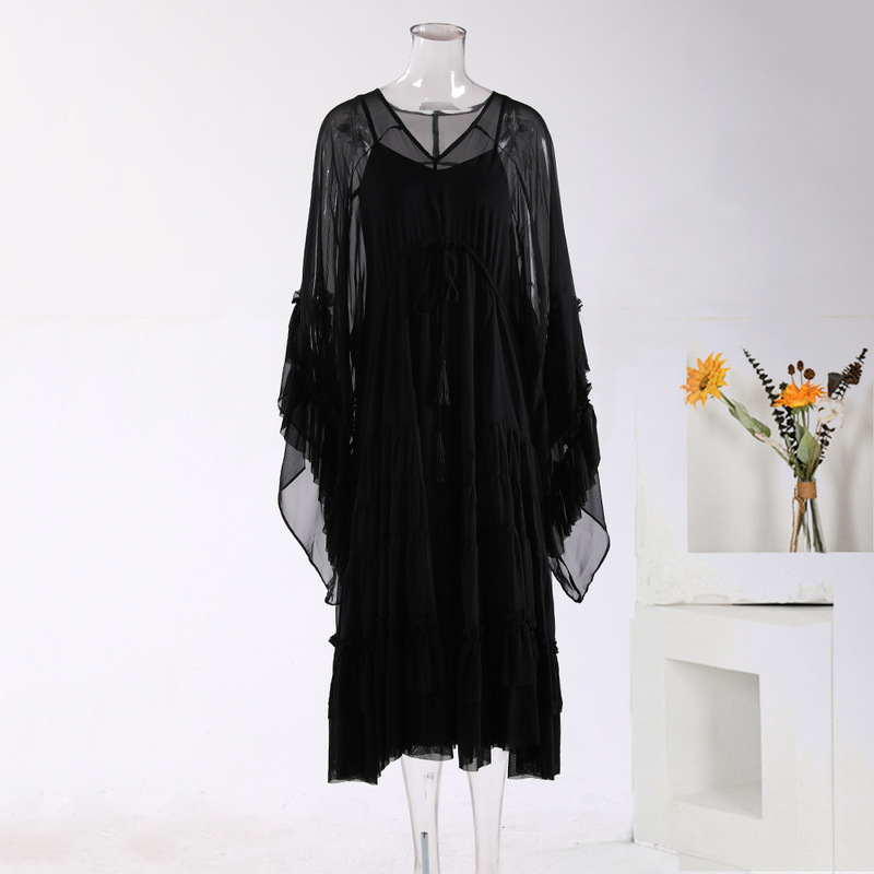 in stock Black Lightweight Summer Bat Long-sleeved Black Mesh dress Women's V-neck Ruffled Lace-up Two-piece Set