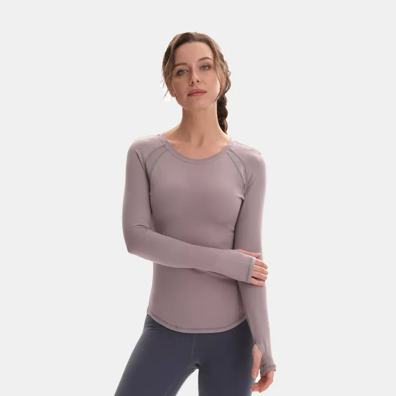 新款网纱拼接瑜伽服长袖t恤女圆领带拇指洞健身瑜伽上衣女秋冬