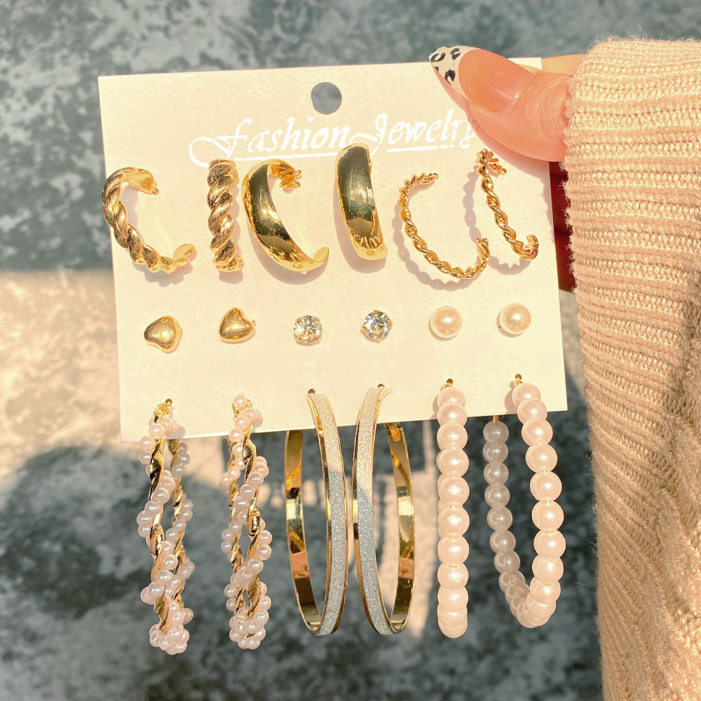 European and American Cross-border Alloy Ear Ring Men's Square Geometric Earrings suit High-end Retro Pearl Card Decorations for Women