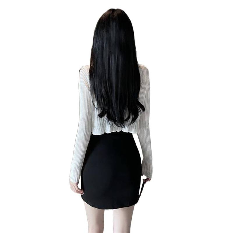 纯欲辣妹秋装薄款针织防晒罩衫女夏独特收腰显瘦吊带连衣裙两件套|undefined