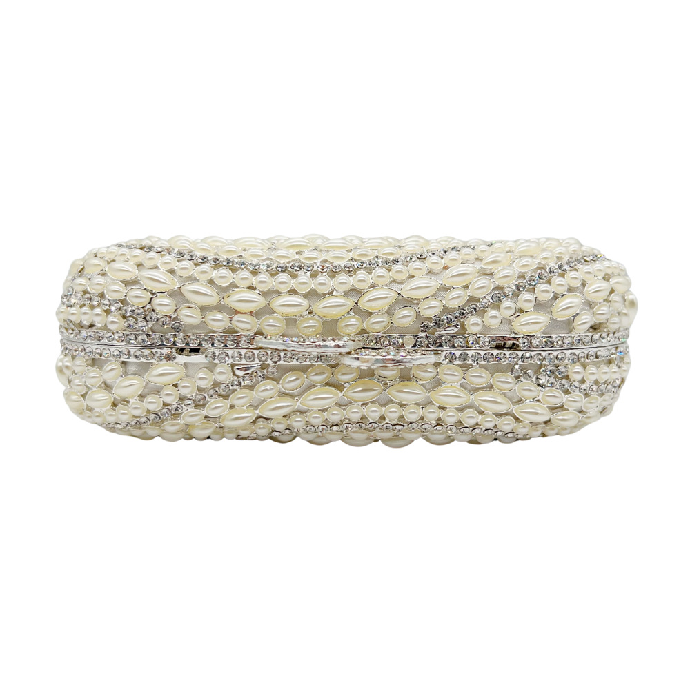 Túi clutch dạ tiệc đính kim cương rỗng lá phong cách mới — Màu trắng, Ngọc trai bạc, Bạc pha lê trắng, Màu sâm panh chi tiết 6