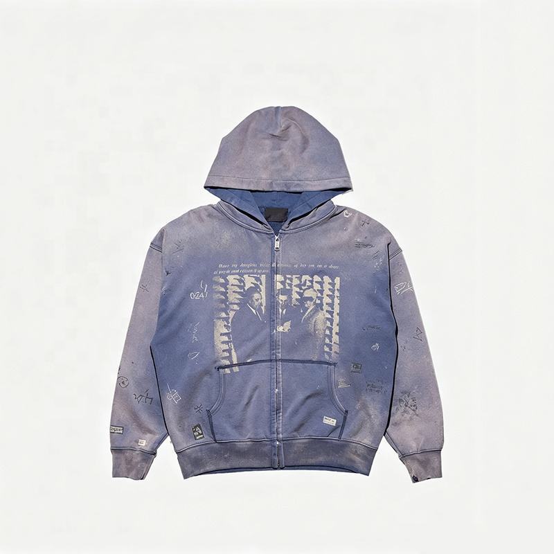 Faded Acid Wash Zipper Hoodie for Men, Vintage Print, Distressed Graffiti, Retro Street Style