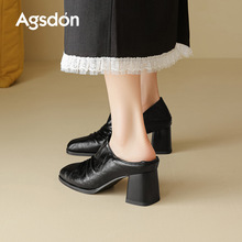 奥古狮登深口粗跟单鞋女2025新款秋季黑色方头一脚蹬乐福小皮鞋子