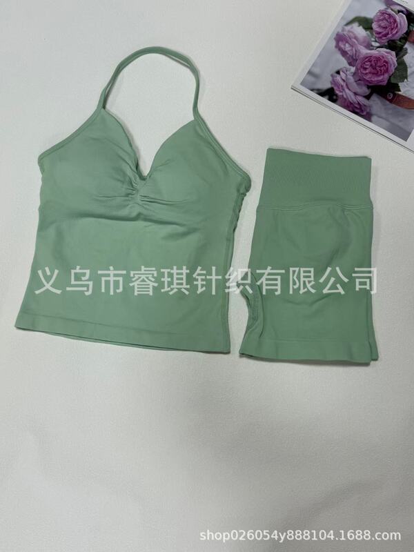 跨境无缝瑜伽挂脖背心 高弹提臀瑜伽健身短裤 长文胸短裤套装批发|undefined