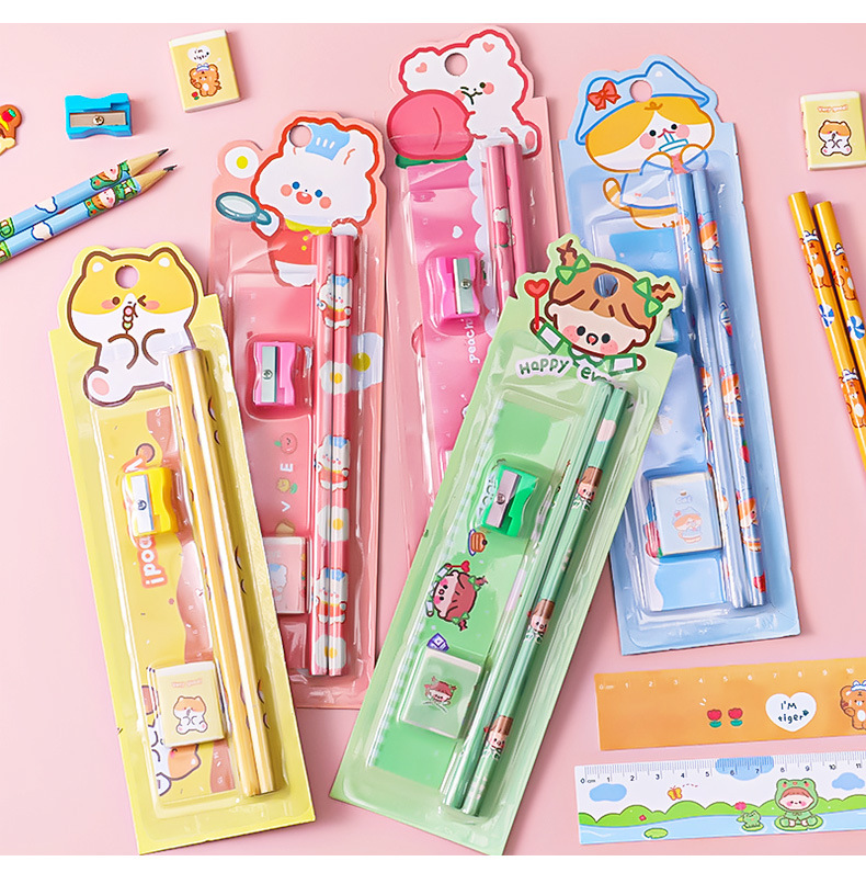 Student Learning Stationery Cartoon Pencil Eraser Ruler Pencil Sharpener Five-piece Set display picture 3