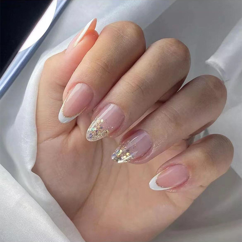White Water Drop French Nail Golden Glitter Sequin Nail Sticker Almond Wear Nail European and American Cross-border Nail Art False Nail