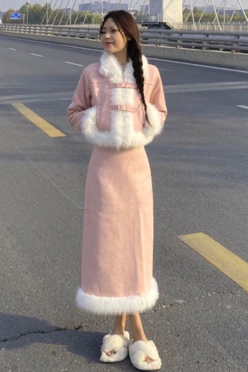 网红同款秋冬洋气千金风甜美加厚拼接毛领外套+毛毛半身裙套装冬