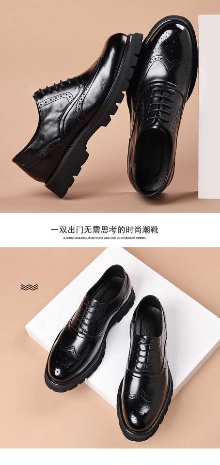Giày da nam công sở kiểu brogue khắc hoa văn, da bò lớp đầu, đế cao su xốp nhẹ, dây buộc — Màu nâu, màu đen chi tiết 16