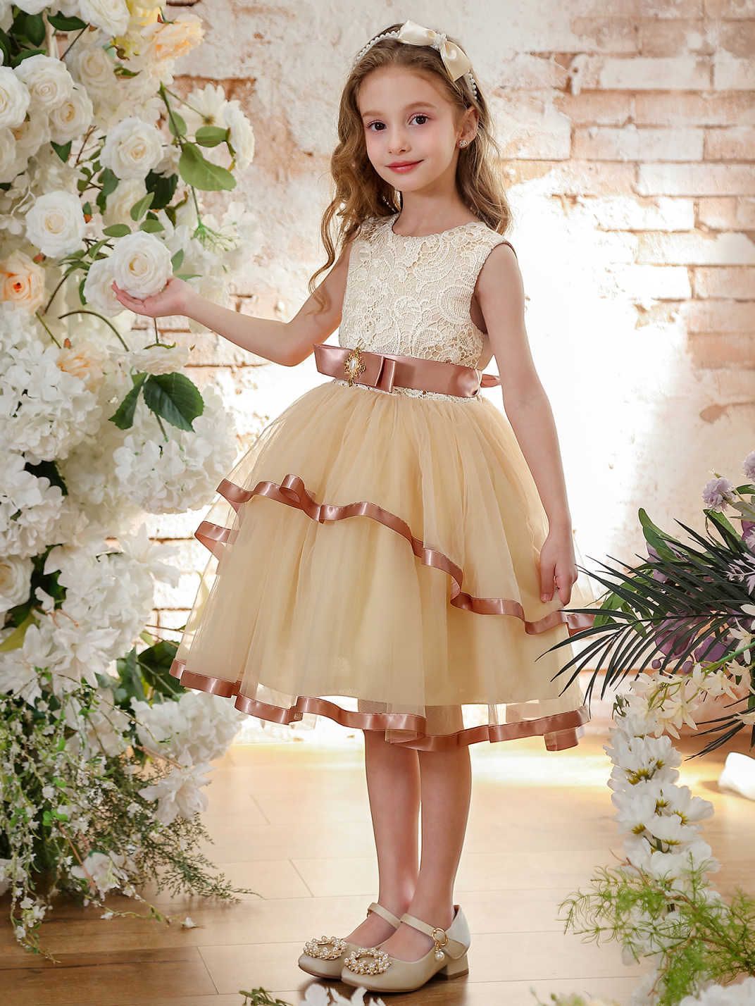 Vestido de princesa para niñas Vestido de cola sin mangas Vestido de novia de niña de las flores Falda de tul Espectáculo de pasarela para niños Espectáculo de piano Vestido de noche
