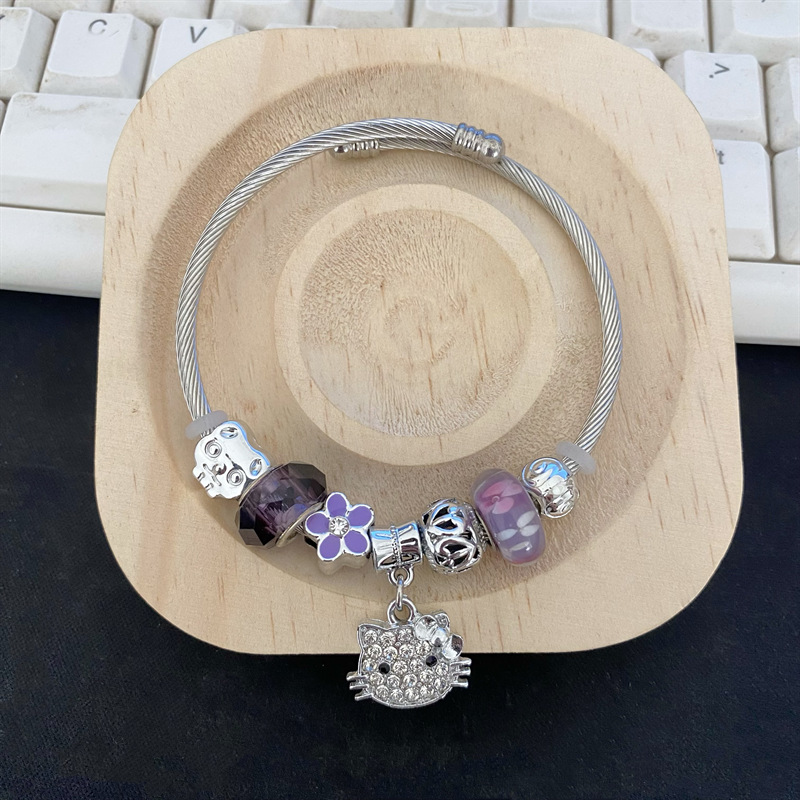 Pulsera de Acero Inoxidable Panjia Dora con Corazón y Oso, Pulsera Abierta con Cuentas para DIY, Joyería de Estilo Fresco, Éxito de Ventas en Amazon
