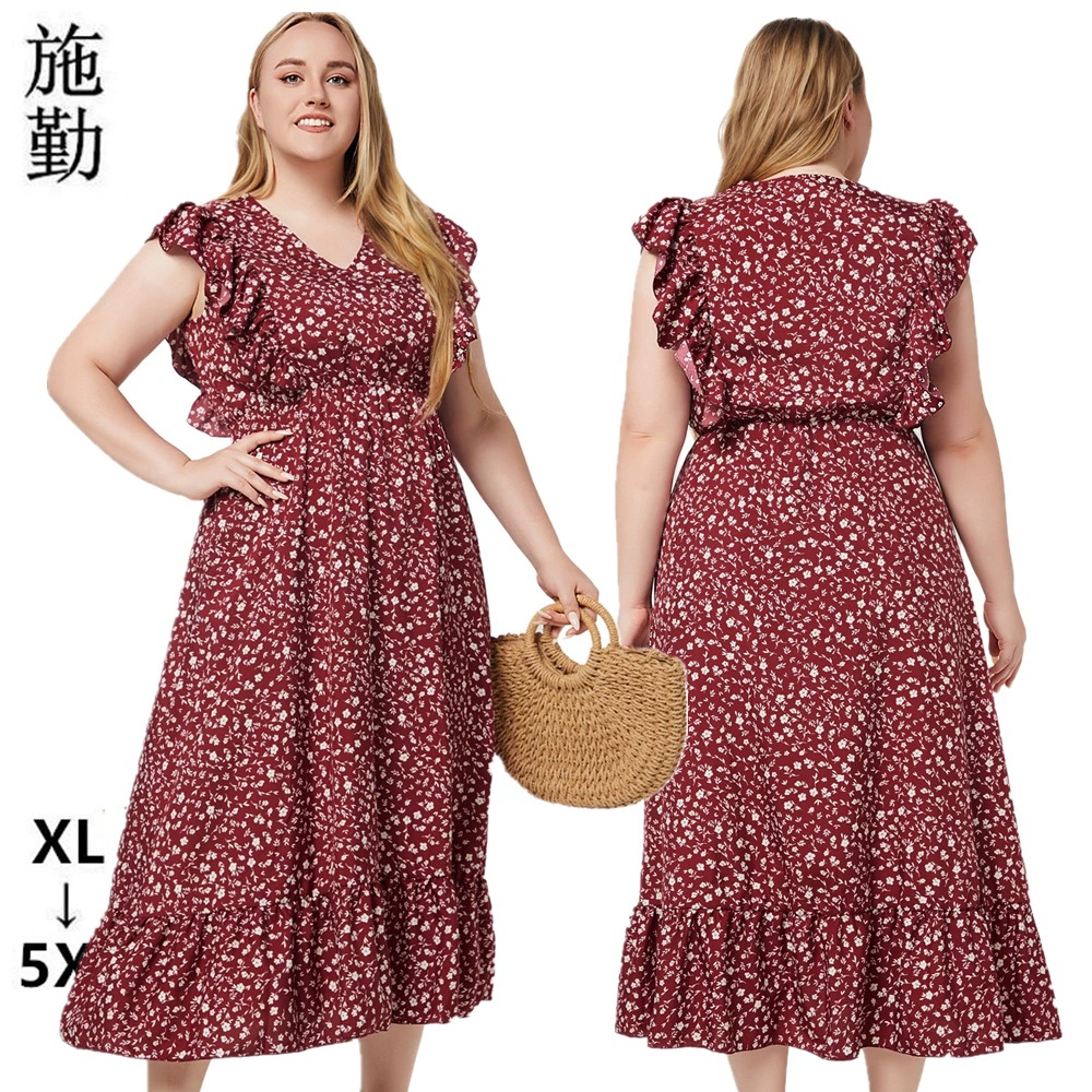 Женское летнее Новое богемное платье больших размеров 2024, Европейское и американское, с V-образным вырезом и короткими рукавами, с рюшами и принтом