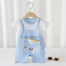 跨境工厂批发新款婴幼童0-1岁A类假两件连体背带拼接婴儿夏天爬服