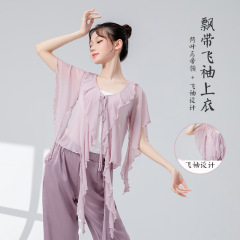 古典舞蹈服女新款飘带飞袖成人修身纱衣荷叶领飘逸演出练功服上衣
