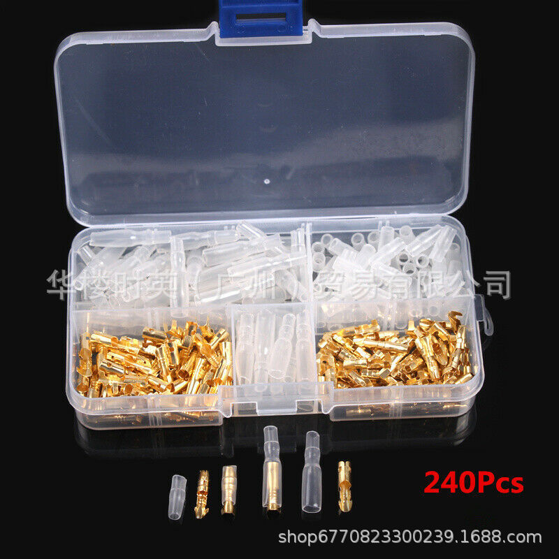 240PCS子弹头座护套4.0mm接线端子金色插簧插片插拔连接器跨境