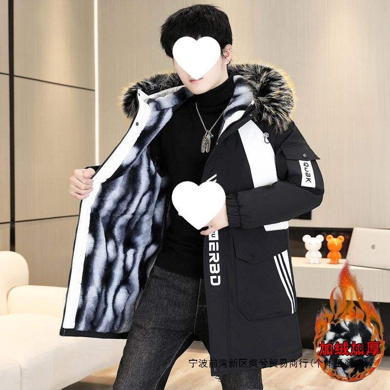 新款派克服加绒加厚外套中长款风衣宽松潮流冬季棉服兔绒连帽棉衣