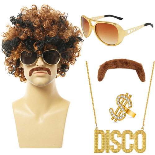 Halloween Disco Black Hair Hip Hop Men's Wig Brown Hair Punk DISCO Necklace Sunglasses