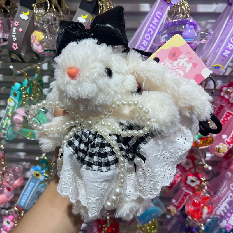 かわいい垂れ耳ウサギクマ黒チェック柄プリンセスドレス長耳ウサギ漫画おもちゃぬいぐるみ人形ペンダント|undefined