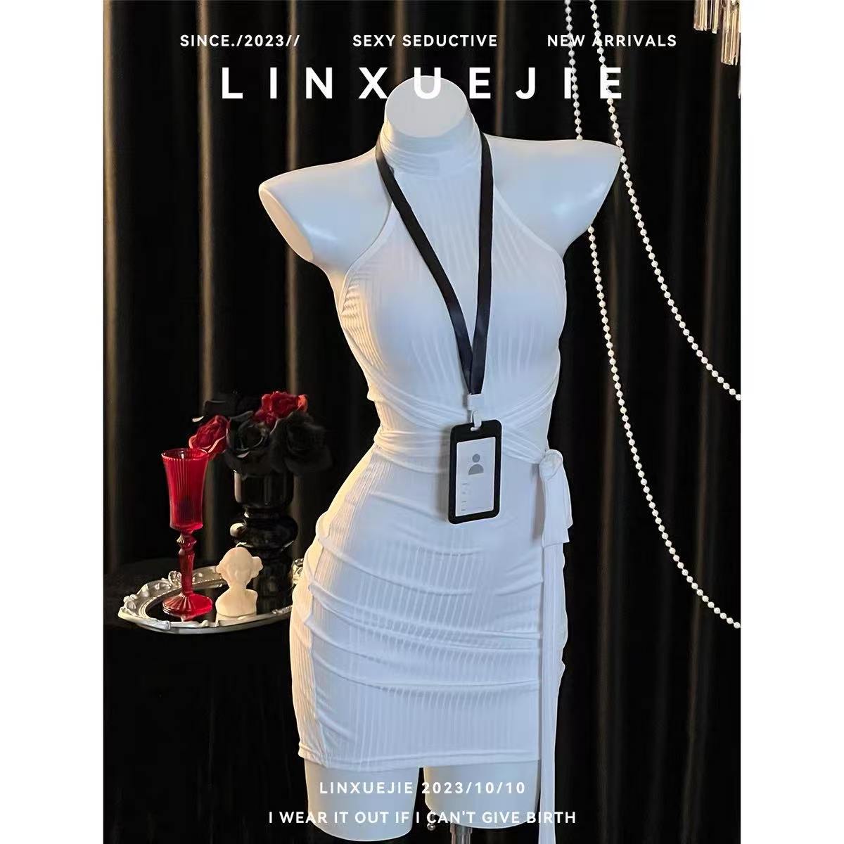 Sleeveless Halter Neck Maid Bodycon Dress, White Polyester Secretary Roleplay Lingerie — detail image 3