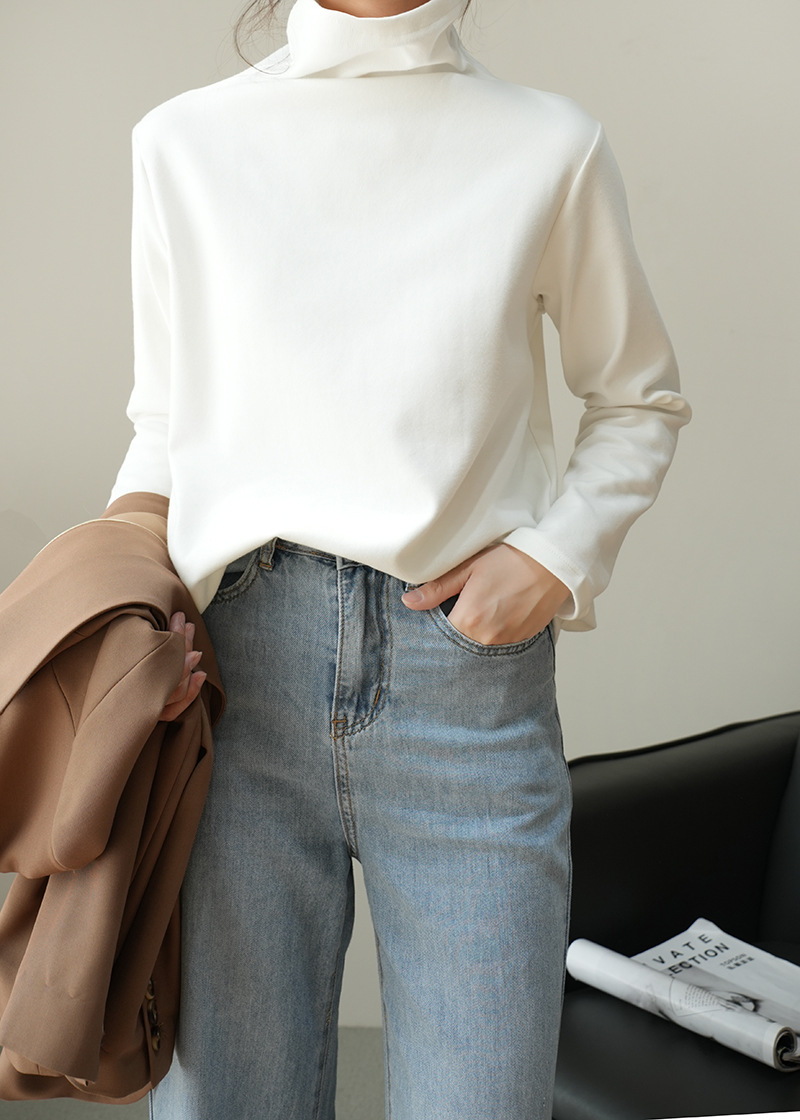 T2208 화이트 하이 칼라 긴팔 긴팔 바닥 셔츠
