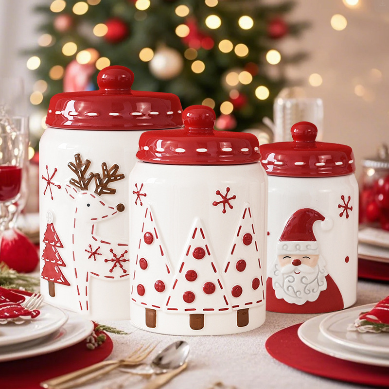 Nórdico de almacenamiento de Santa Claus latas de cerámica selladas redondas bocadillos de regalo de Navidad almacenamiento fábrica directa