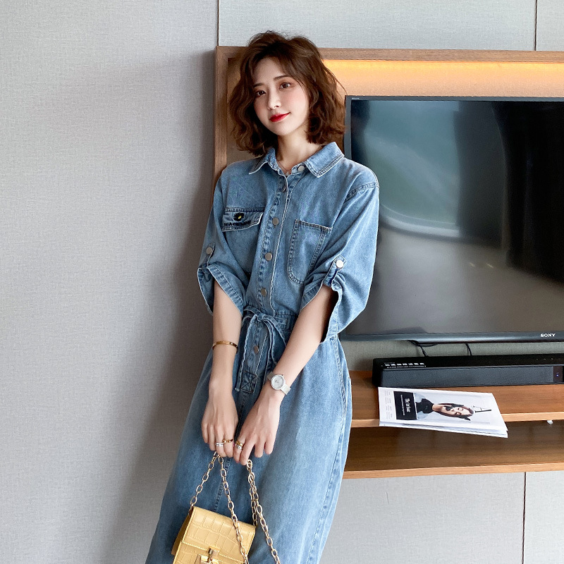 원피스 여성 여름 2020 새로운 도착 PLATYCODON 프랑스 스타일 슬리밍 스타일 헵번 스타일 데님 스커트 패션