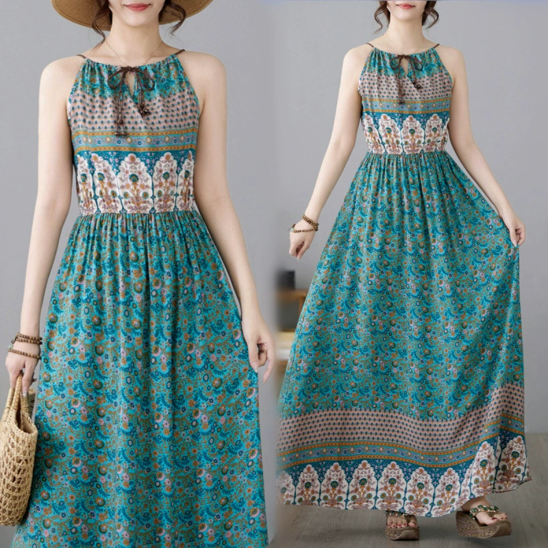 Настоящая фотография летней юбки в этническом стиле 2025 года, без рукавов, с принтом, длинная, в богемном стиле для отдыха.