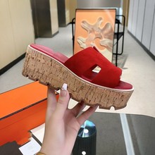 2024夏季罗马风格纯色防水台凉鞋高跟厚底增高拖鞋真皮坡跟鞋女