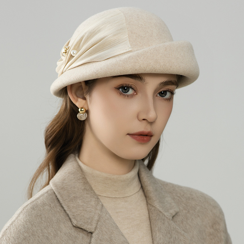 Mũ beret nữ kiểu Pháp chất liệu lanh tơ tằm trang trí ngọc trai, mùa thu đông — đen