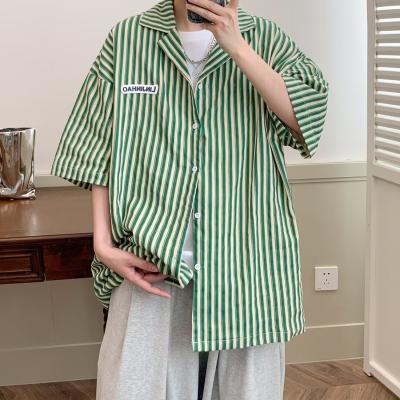 2023 nuevo verano nacional moda High Street rayas verticales cuello cubano perfil flojo perezoso camisa de manga corta hombres ins moda
