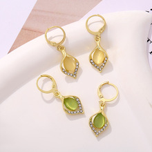 新款猫眼石耳坠轻奢镶钻高级感气质耳扣时尚水滴耳环女耳饰品批发