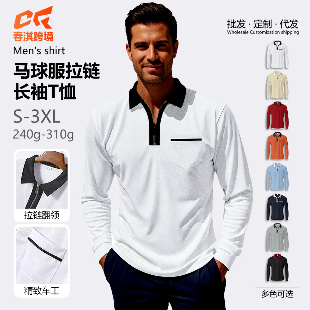 Nuevo nuevo transfronterizo Europa y América Amazon otoño de manga larga hombre bolsillo casual con cremallera casual polo