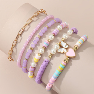 Cross-border new bracelet purple rice beads soft pottery love pendant children's bracelet suit handmade beaded butterfly