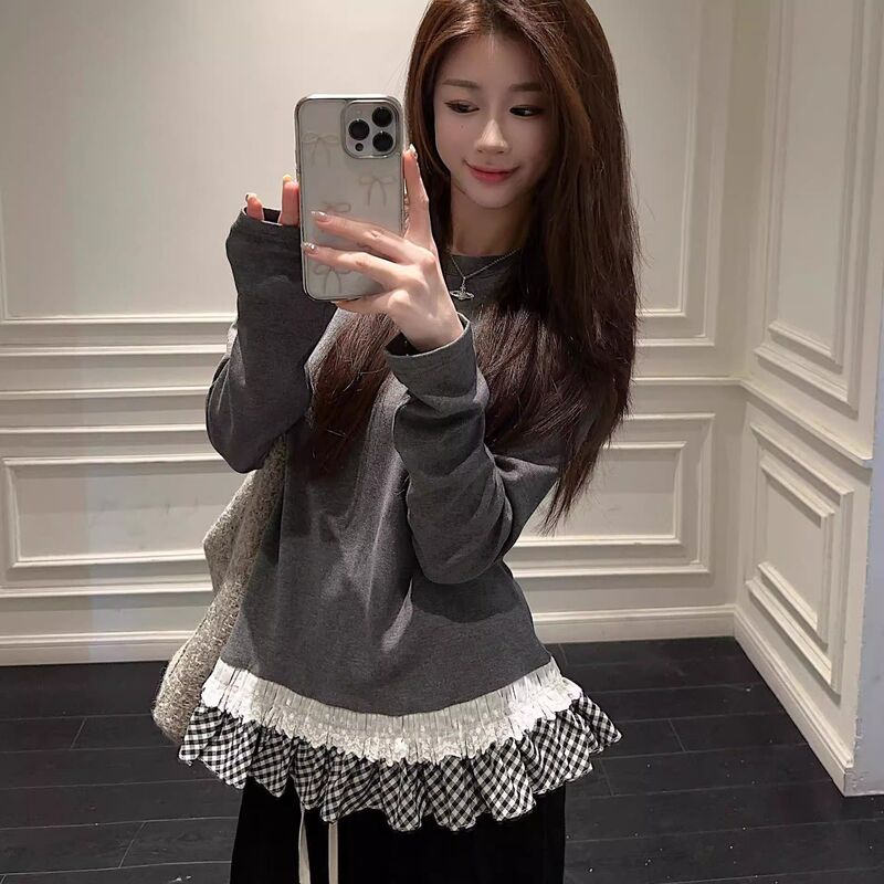 Autumn and Winter Lace Splicing Ruffle Design Long-Sleeved T-Shirt Round Neck Bottoming Shirt Black Gray Simple