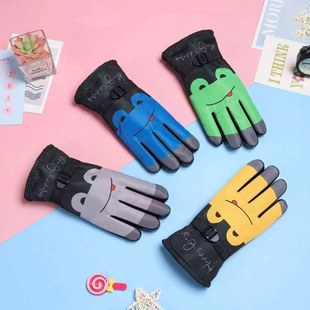 Winter Kidsren's Ski Fleece-Lined Warm and Thickeneded Cold-Proof Male and Female Students Cycling Cute Dinosaur Frog Cartoon Gloves