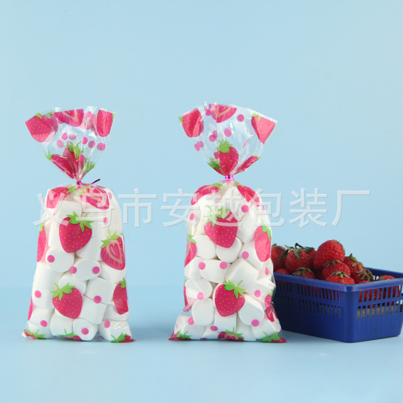Comercio exterior nuevo en stock fresa OPP bolsa de celofán fiesta bolsa de regalo OPP boca plana bolsa de caramelo