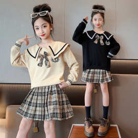 女童套装春秋款新款中大童装小女孩学院风娃娃领卫衣套裙两件套潮