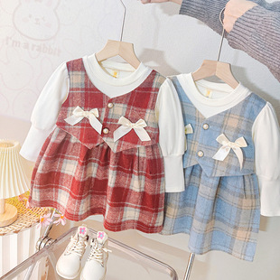 Girls Dress Spring 2025 New Children's Style Plaid Long Sleeve Color Block Bow Fake Two-Piece Princess Dress