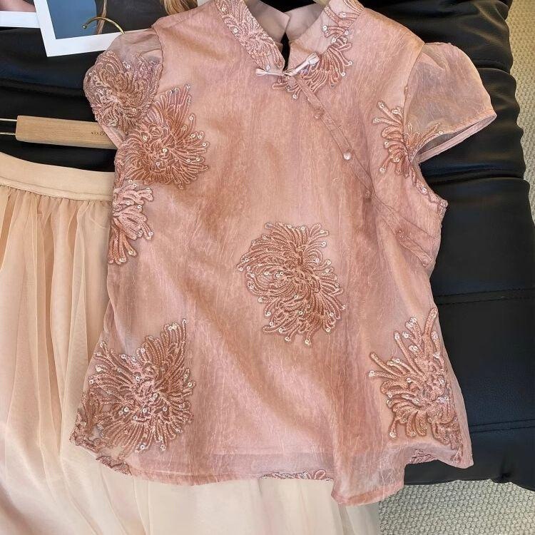 New Chinese-Style National Fashion Women's Clothing Trend Summer 2026 Elegant Lady Sequin Embroidered Top Mesh Slimming Top New Chinese-Style National Fashion Women's Clothing Trend Summer 2026 Elegant Lady Sequin Embroidered Top Mesh Slimming Top