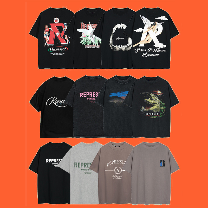 Retro High Street REPRESENT letters distressed washed Angel floral print couple short sleeve T-shirt men and women