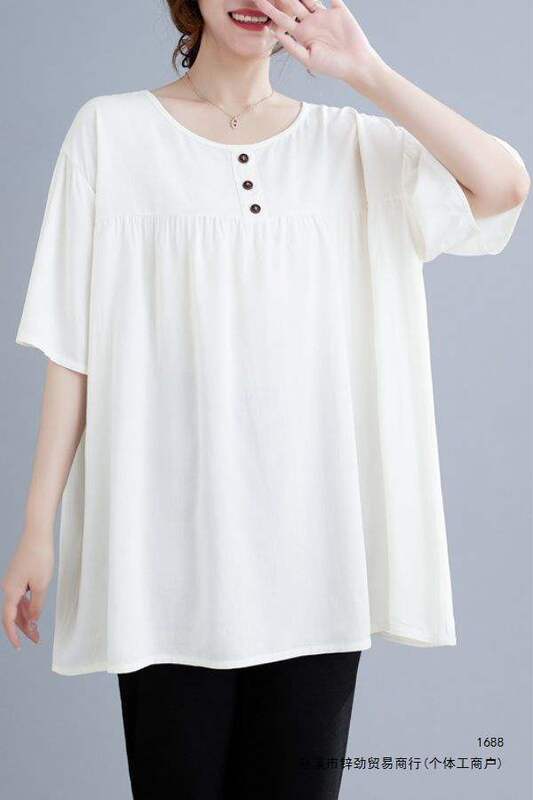 Korean-style loose-fitting mid-length shirt for summer, new plus-size women's clothing for plus-size ladies 130kg cotton silk top for mothers Korean-style loose-fitting mid-length shirt for summer, new plus-size women's clothing for plus-size ladies 130kg cotton silk top for mothers