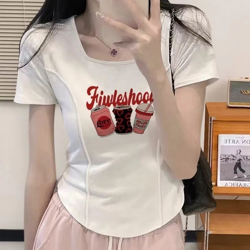 西洋風フィッシュボーン大きいサイズ半袖レディーススクエアカラーショートヨーロピアンスタイル甘い非対称カーブ痩身ニッチTシャツイントレンド|undefined