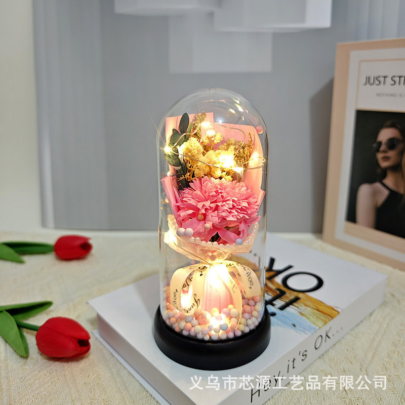 母の日 バレンタインデー ギフト バラ カーネーション チューリップ ソープ ガラス カバー ランプ 完成した花束 不滅の花|undefined