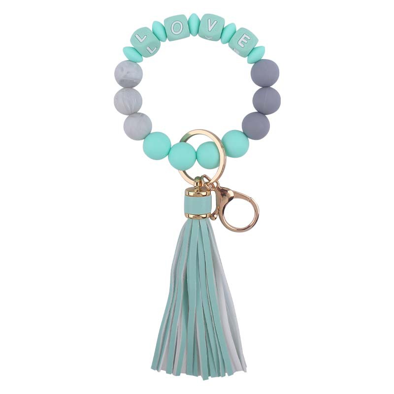 Nuevo cuero pu borla colgante llavero creativo DIY nombre cuentas de silicona con cuentas contraste color colgante llavero