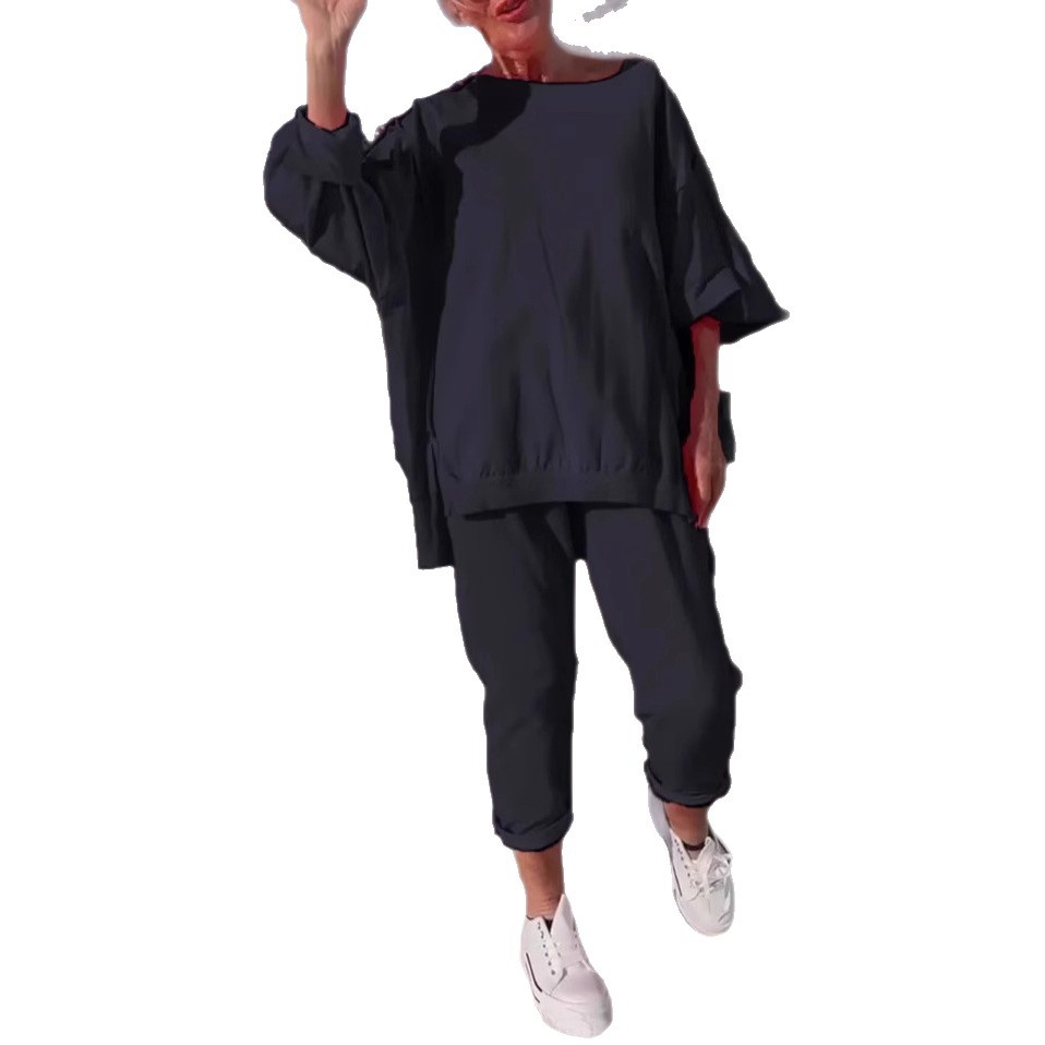 Women's Casual Solid Color Round Neck Long Sleeve Top And Sports Pants Set_ecoleips.com