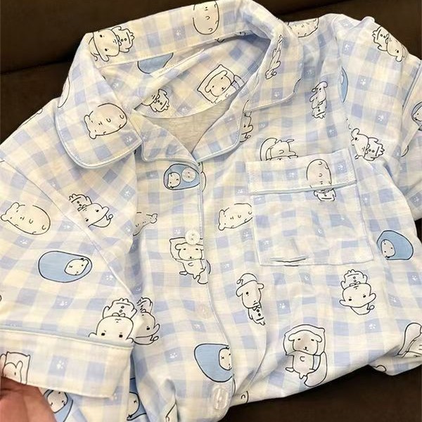 卡通蓝格小熊睡衣女春秋季长袖长裤ins套装日系少女可外穿家居服|undefined